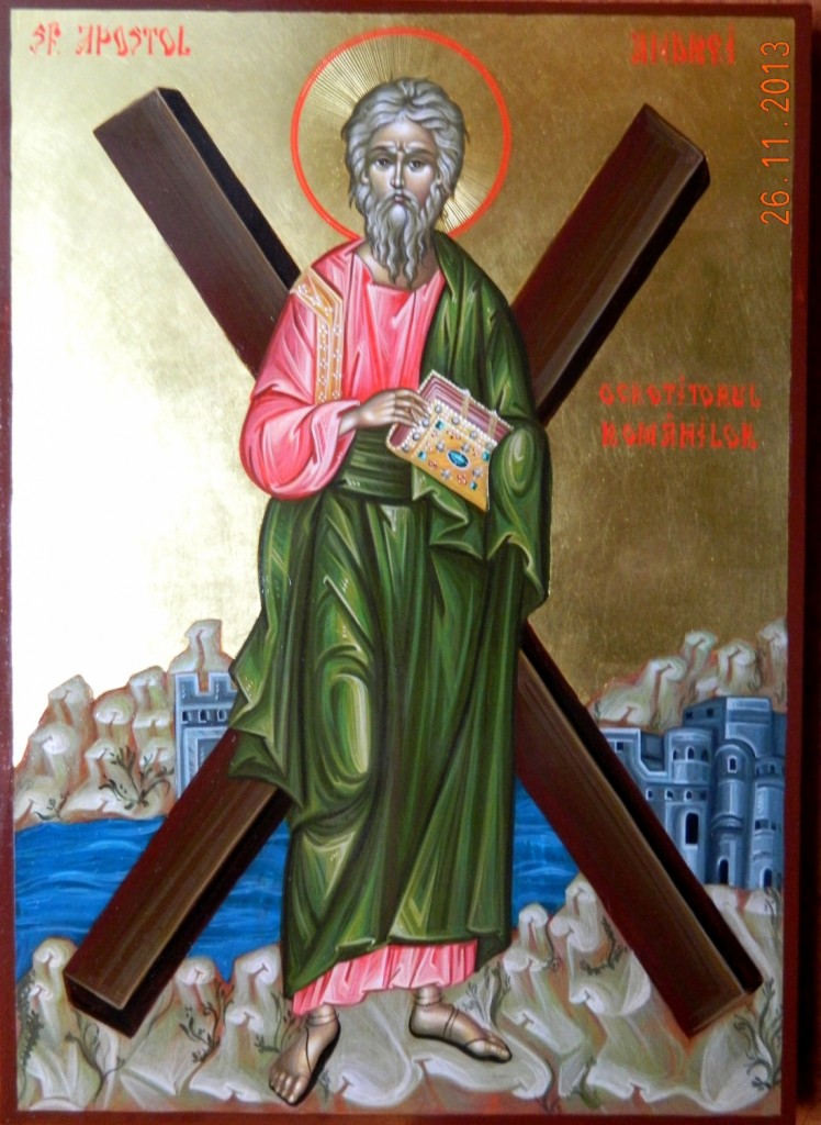 Sfantul Apostol ANDREI-Icoana pictata in stil bizantin, tempera cu ou, foita de aur de 22k. Dimensiune  A3 