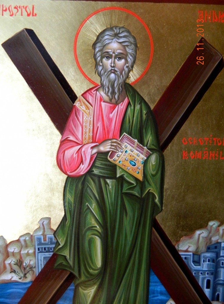 Sfantul Apostol ANDREI-Icoana pictata in stil bizantin, tempera cu ou, foita de aur de 22k. Dimensiune A3