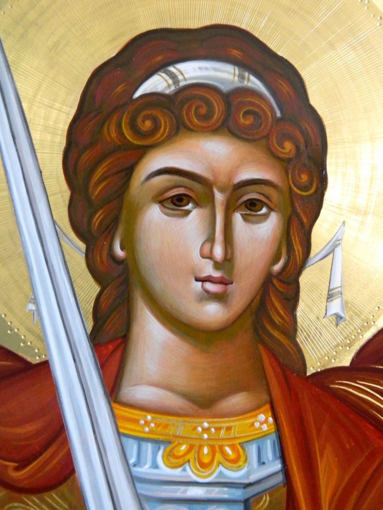 Sfintul Arhanghel Mihail -DETALIU- Usi Diaconesti- Icoane realizate pe lemn, tempera cu ou , in tehnica bizantina cu foita de aur de 22k.  Dimensiune 128 X70