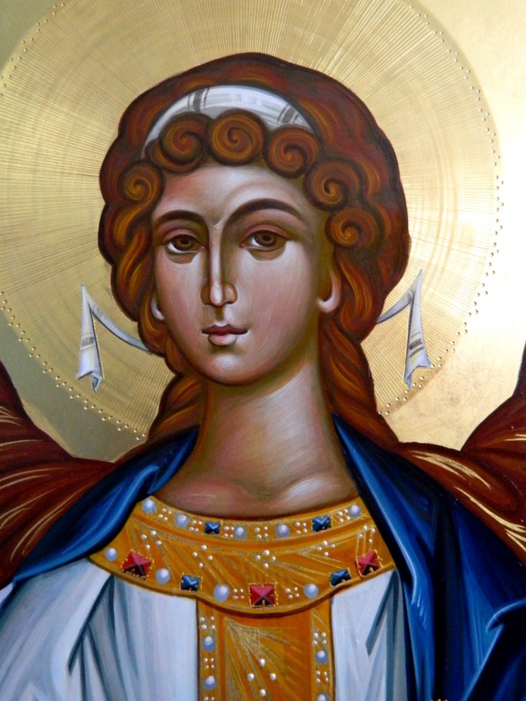 Sfintul Arhanghel Mihail - DETALIU-Usi Diaconesti- Icoane realizate pe lemn, tempera cu ou , in tehnica bizantina cu foita de aur de 22k.  Dimensiune 128 X70