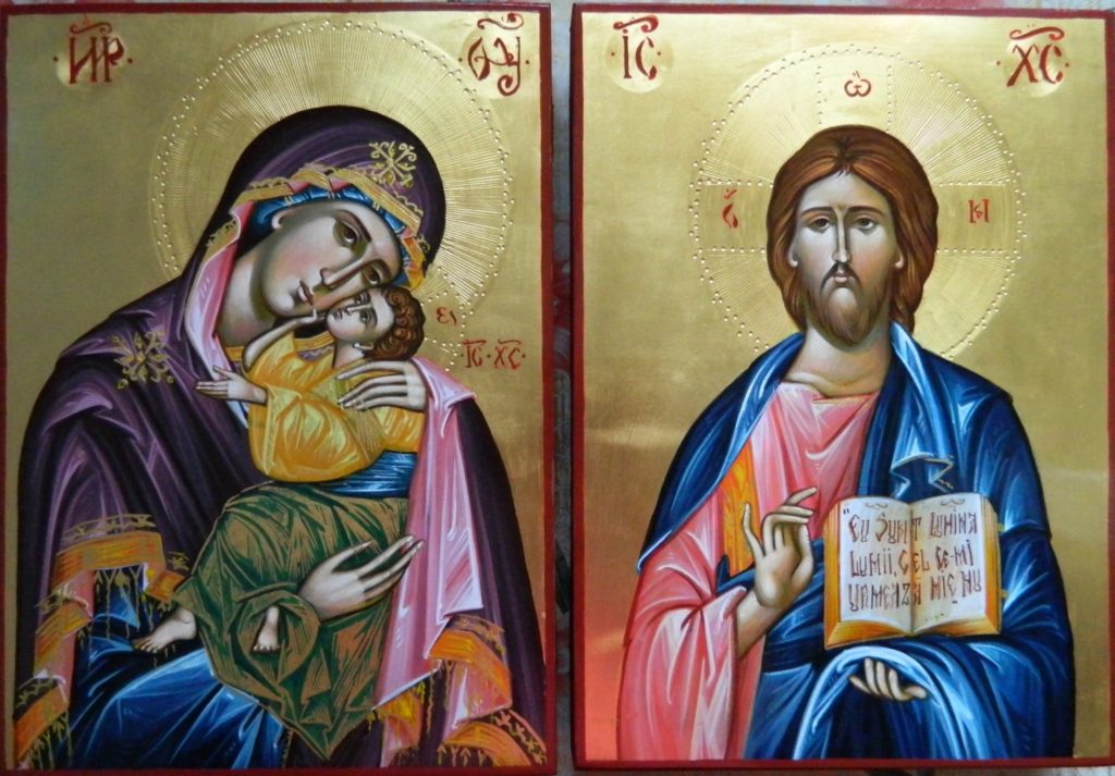 Maica Domnului si Domnul Hristos- Icoane pe lemn, realizate in stil bizantin cu foita de aur de 22k.  Dimensiune icoana A4 21x 30 cm